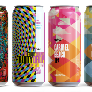 Latas das cervejas Dádiva Heartbeat, Fruity Drop, Carmel Beach e Venice Beach