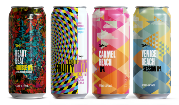 Latas das cervejas Dádiva Heartbeat, Fruity Drop, Carmel Beach e Venice Beach