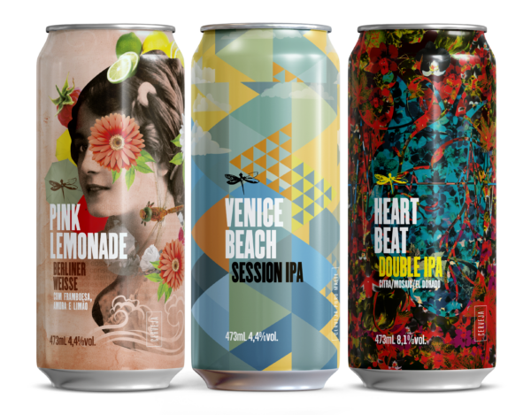 Conjunto de latinhas das cervejas Dádiva Pink Lemonade, Venice Beach e Heartbeat