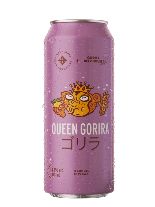 Foto da lata de 473ml da cerveja Queen Gorira, do tipo blonde ale, da cervejaria Japas